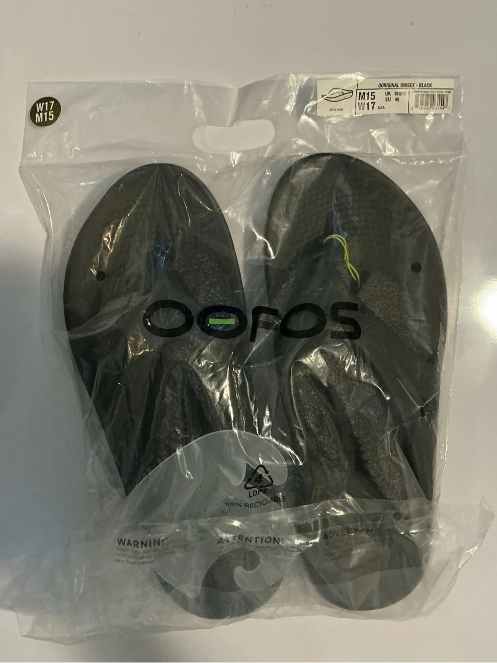 OOFOS OOriginal Black Recovery Sandals Men’s 15 Women’s 17 NWT